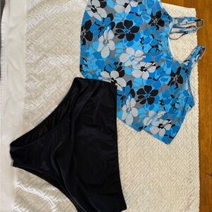 Floral Blue and Black Bikini Set